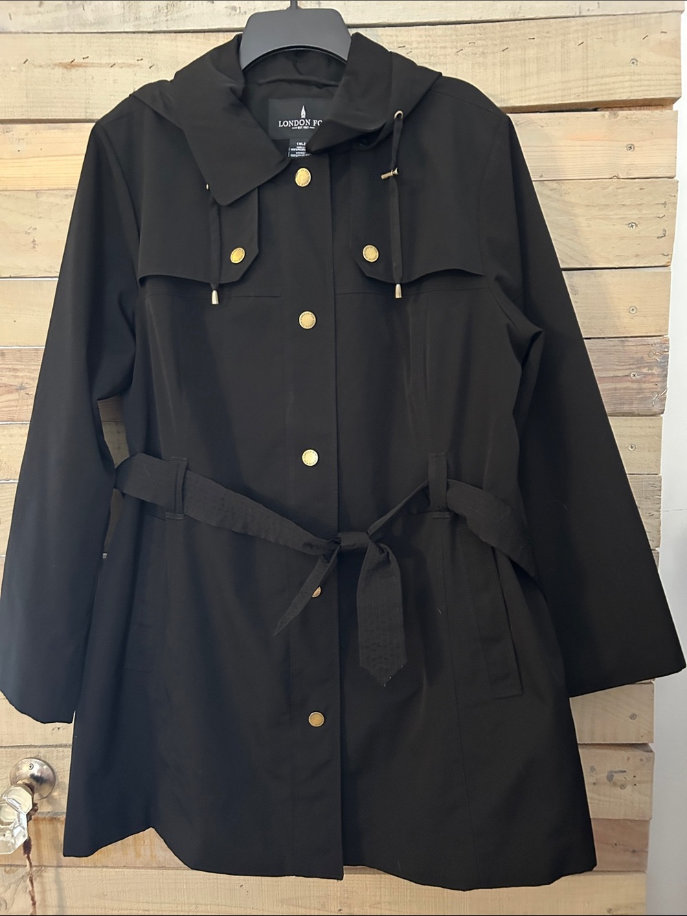 London Fog Black Hooded Trench Coat with Gold-Tone Buttons